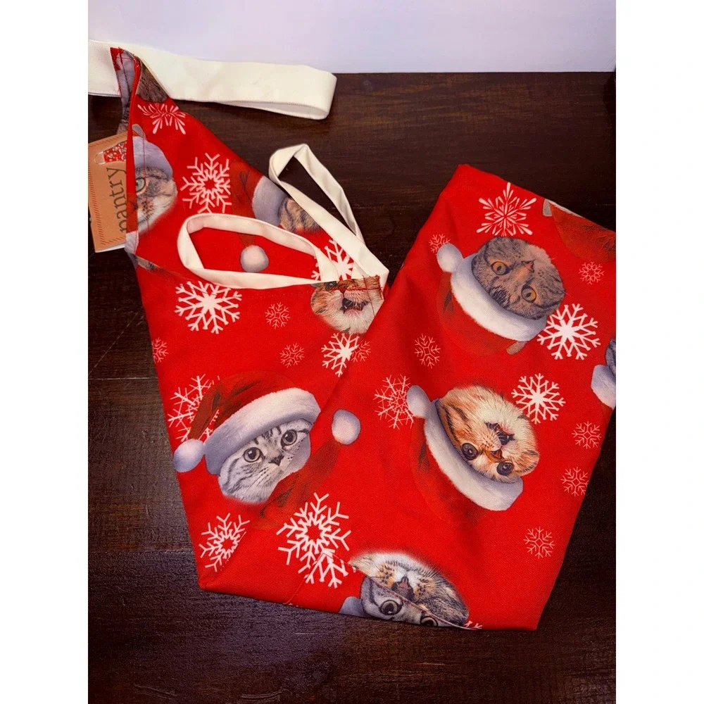 Pantry Christmas Apron‎ Red Santa Cats Snowflakes One Size New Holiday Kitchen
